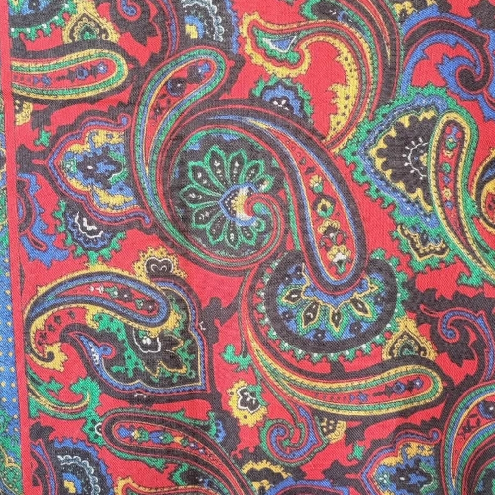 Vintage Paisley Wool Scarf Red Multicolor Boho Square 30” Lightweight Fringe - Picture 5 of 5